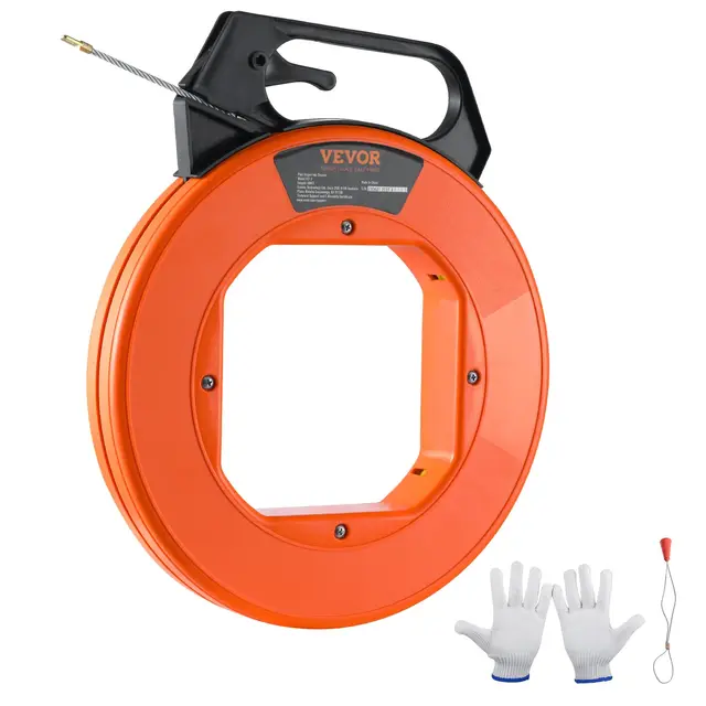 VEVOR Aiguille Électricien 30,5 m Tire Fils Électrique en Fibre de Verre Extracteur Tirage Fil Câble Flexible 4,5 mm avec Boîtier Poignée Gants robustes pour Murs Conduits Électriques Non Conducteur