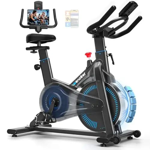 Wenoker Vélo d'appartement avec résistance magnétique réglable, ergomètre, vélo d'appartement avec application, écran LCD, support de tablette, réglable en hauteur, vélo de fitness silencieux jusqu'à