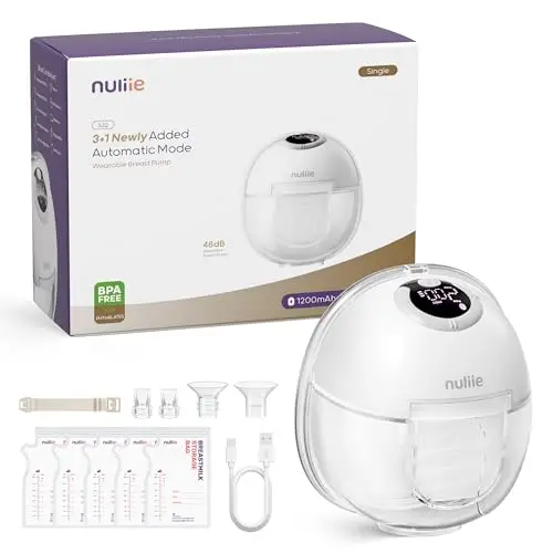 Nuliie Tire Lait Electrique Main Libre, Tire Lait Main Libre avec 4 Modes, 9 Niveaux, Fonction Mémoire, Extracteur de Lait Rechargeable avec Affichage LED, Poids léger - 24mm (1 Paquet, Blanc)