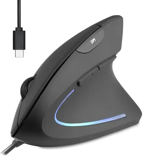 Perixx PERIMICE-513C Kabelgebundene Vertikale USB-C Maus, 6 Tasten, 1000/1600 DPI, Rechtshänder-Design, 1,8m Typ C Kabel, Schwarz