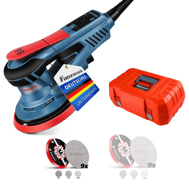 FANZWORK Ponceuse Excentrique 125/150 mm, Ponceuse Orbitale avec Course 5 mm, Moteur EC 350W sans Balais, 7 Vitesses jusqu’à 10 000 tr/min, 18 Disques Abrasifs, avec Mallette