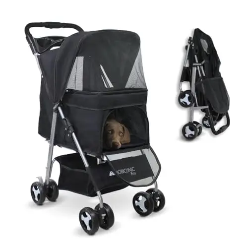 Mobiclinic®, Poussette Buggy Pliable Chien, Les petits et chiens âgés, Zuma, Jusqu'à 15 kg, Roues avec freins à 360°, Panier xxl, 3 fenêtres, Porte-gobelet (noir)