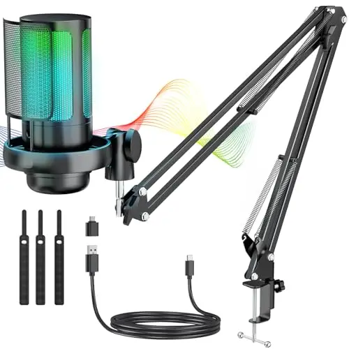 Anykuu RGB Microphone à Condensateur 24 Bits/192 kHz,Micro Gaming avec 7 LumièresVariables,USB Karaoke avec Bras Micro pour Jeux/Studio/Youtuber Karaoké/Podcasting
