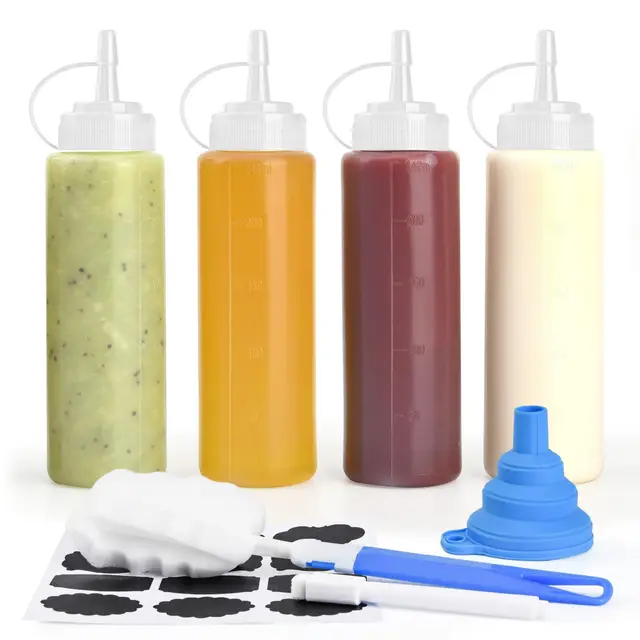 Lot de 4 bouteilles à presser en plastique de 250 ml pour sauce, bouteilles doseuses pour ketchup, sauces chaudes, barbecue, vinaigrettes, peinture, huile d'olive