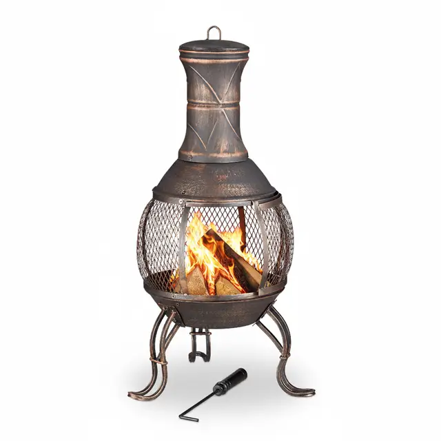 Relaxdays brasero Mexicain, tisonnier, Gril en Bois, Pare-étincelles, Jardin, terrasse, cheminée Antique, H 89cm, Bronze