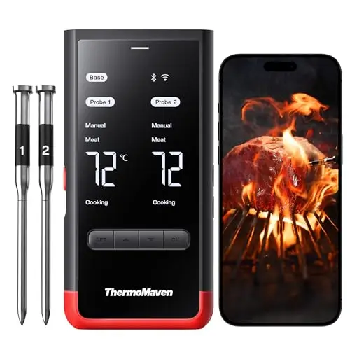 ThermoMaven P2 Thermomètre à Viande Sans Fil - 2 Sondes 6 Capteurs, WiFi Illimité & 152,4m Bluetooth 5.3, Précision ±0,3°C, IPX8 Étanche, Écran Intelligent, Barbecue Four Cuisine