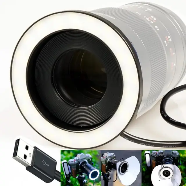 Gua'ge Anneau lumineux LED macro 58 mm de calibre pour macrophotographie, luminosité 7 W, 3 températures de couleur pour objectif d'appareil photo reflex numérique, avec bague d'adaptation, port USB,