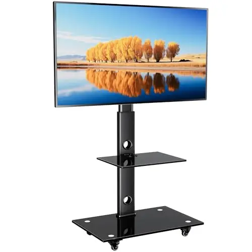 BONTEC Support TV roulettes Support Tele Mobile pour Téléviseurs Plasma/LCD/LED de 30 à 70 Pouces jusqu'à 40 kg, 6 réglages de Hauteur avec étagères en Verre trempé à 2 Niveaux, Max VESA 600x400 mm
