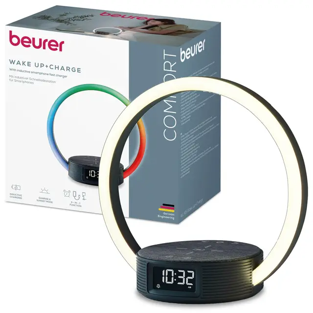 Beurer WL 65 Wake Up+Charge Réveil lumineux, lampe de chevet et station de recharge pour smartphone, réveil avec simulation du lever du soleil, veilleuse réglable avec option de changement de couleur