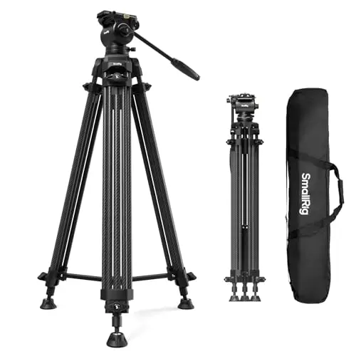 SMALLRIG 73''/185 cm Trépied Vidéo Robuste en Fibre de Carbone, Charge Max 10 Kg, Tête Fluide avec Inclinaison de +85° à -78°, Trépied de Voyage Poid du 2,7 Kg, Hauteur Pliée 87 Cm, AD-14-5441