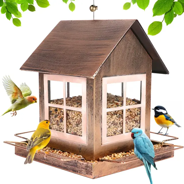 SWAWIS Mangeoire Oiseaux à Suspendre en Métal Maison Oiseaux Exterieur Cabane Résistant aux Intempéries 14,5x18,5x23 cm, Bronze