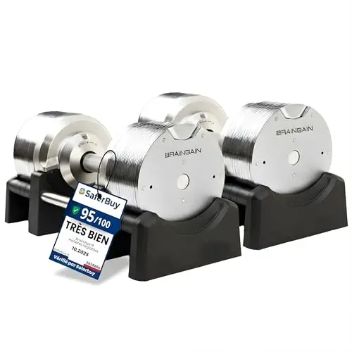 BRAINGAIN Haltères réglables - 23,5kg, 32,5kg, 41,5kg Chrome/Noir - Poids polyvalents pour la musculation à domicile