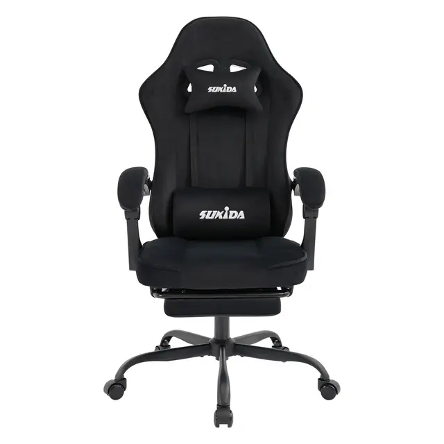SUKIDA Chaise de gaming en tissu, chaise de jeu ergonomique avec repose-pieds, chaise d'ordinateur de course réglable avec support lombaire, couleur noir ergonomique