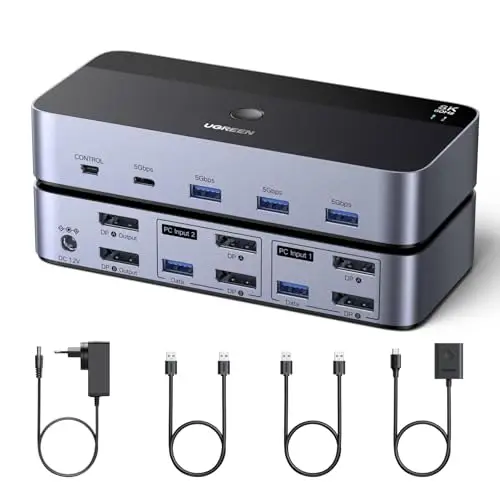 UGREEN Switch KVM DisplayPort 2 Entrées 2 Sorties 8K 60Hz 4K 240Hz Double Affichage Commutateur KVM avec 4 Ports USB 3A1C 5Gbps pour Clavier Souris Disque Dur Contrôleur de Bureau Câbles USB Inclus