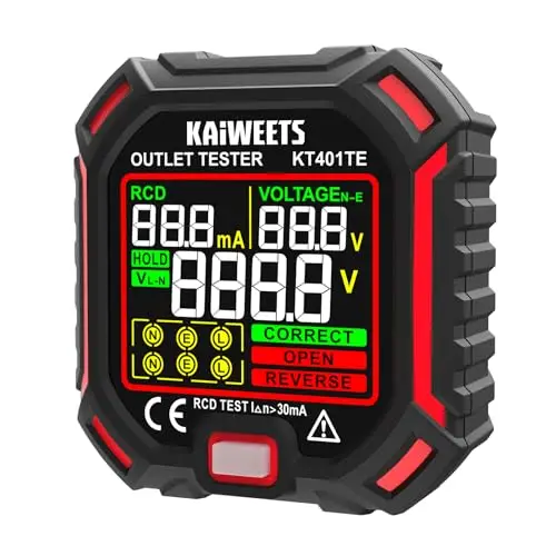 KAIWEETS Testeur de prise avec test RCD et écran LCD, affichage de tension, 7 tests de câblage, mesure de tension de fuite, testeur de prise 200-250 V, CAT II 300 V