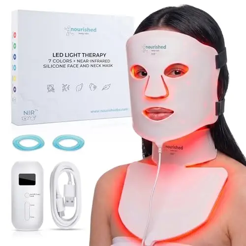 Nourished Bodynskin Masque LED 7 couleurs visage et cou avec infrarouge proche - Luminothérapie bleue, rouge pour le visage - 912 LED - Outil de soin pour l'anti-âge