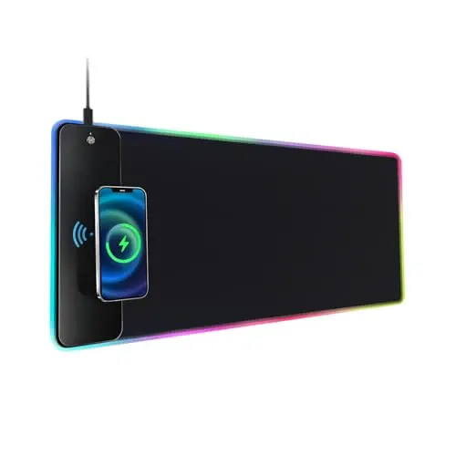 Qumox Tapis de Souris XXL RGB avec Chargeur sans Fil 15W – 10 Modes LED, Surface Lisse, Base Antidérapante, 800×300×4 mm – pour Bureau, PC, Gaming