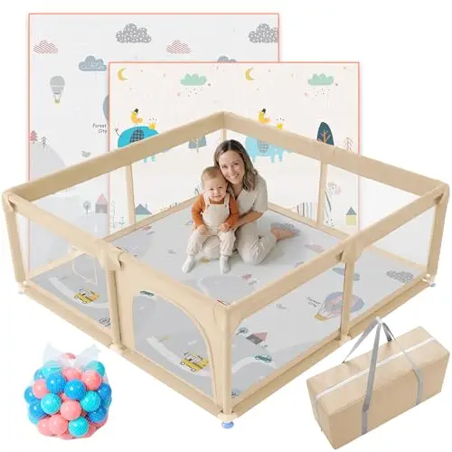 JUPPLIES Parc Bébé Sécurisé 120×120 cm – Aire de Jeu Carrée pour Enfant 6-24 mois, Filet Respirant 360°, Structure Stable Antidérapante (Beige avec tapis + balles)