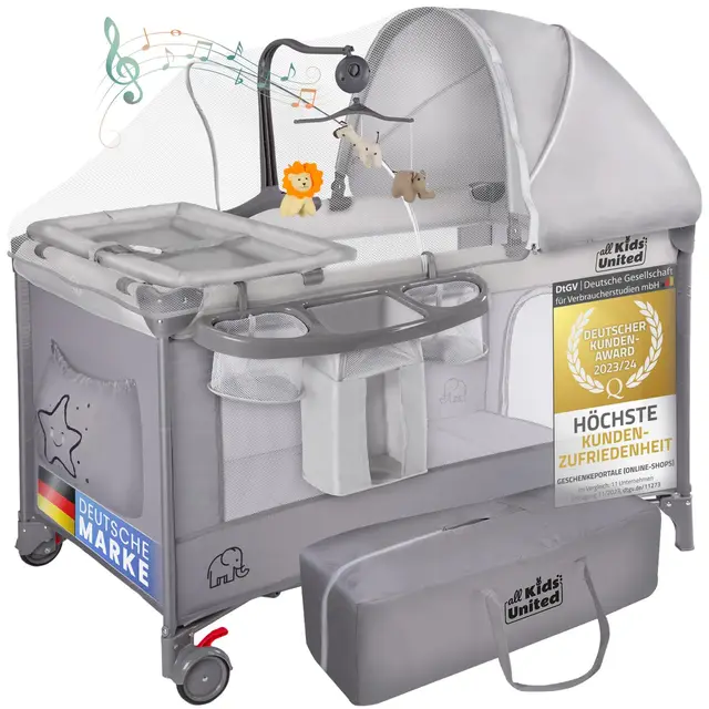all Kids United Lit de Voyage pour bébé Deluxe - Babycenter Lit de Voyage pour Enfant avec Matelas à Langer et Mobile (Gris)