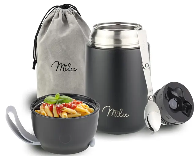 Milu Boîtes Alimentaires Isothermes 450ml I 650ml I 800ml, Boîte Isotherme Repas Chaud Porte-Aliments en Acier Inoxydable à Double Couche, Cuillère Pliante pour Ecole, Bureau (650ml/Noir)