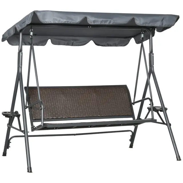 Outsunny Balancelle de Jardin 3 Places Toit Inclinaison réglable avec Porte-gobelets et Plateaux Assise Dossier Ergonomique en résine tressée PE Cadre en Acier et Polyester Gris foncé et Marron