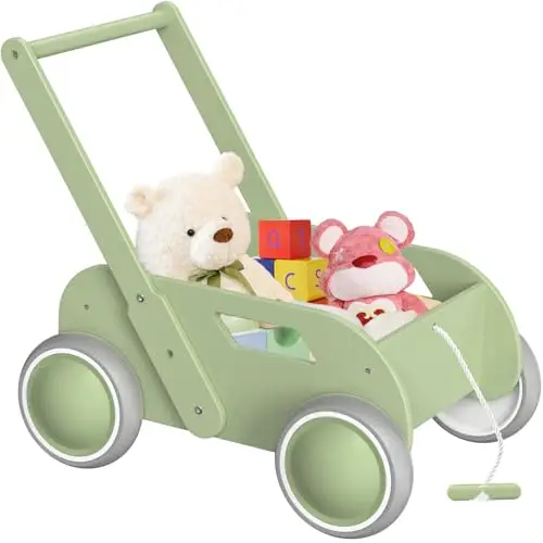 Trotteur Bébé en Bois, Chariot de Marche Bebe pour Garçons et Filles, Pousser et Tirer Baby Walker, Trotteur avec Roues, Cadeau pour Anniversaire Noël, Vert