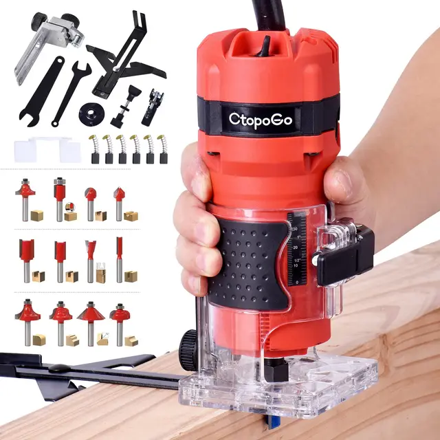 Défonceuse affleureuse Électrique 30000R / MIN 800W, Affleureuse à Bois Avec 12 Fraises à Défoncer Queue de 6mm