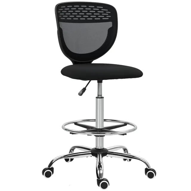 Vinsetto Chaise Bureau Ergonomique Tabouret de Bureau avec Repose-Pieds et sans accoudoirs, Chaise de Dessin à Dossier Moyen en Maille, Hauteur réglable, Assise rembourrée et pivotante 360°, Noir