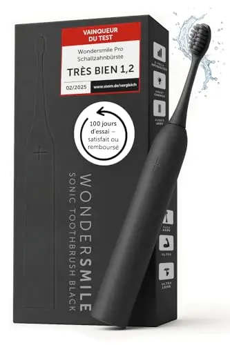 Wondersmile Brosse à dents sonique PRO - Vainqueur du test 2026 -100 jours d'essai sans risque - Brosse à dents électrique avec 4 programmes de nettoyage et têtes (Ultimate Black)