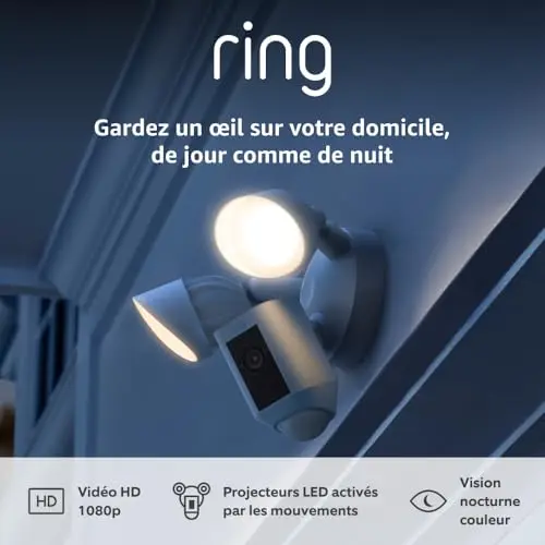 Ring Caméra Floodlight Plus filaire (Floodlight Cam Wired Plus)| Caméra de surveillance extérieure wifi, vidéo HD, projecteurs LED, sirène, fonctionne avec Alexa | Essai Ring Home gratuit 30 j.