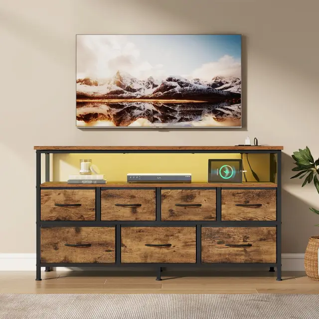 SONGMICS BELLAH Collection - Commode Chambre, Meuble de Rangement, Éclairage LED Réglable, Multiprise, 1 Étagère, 7 Tiroirs en Tissus, Style Industriel, Marron Rustique et Noir d’Encre LGS733KD01