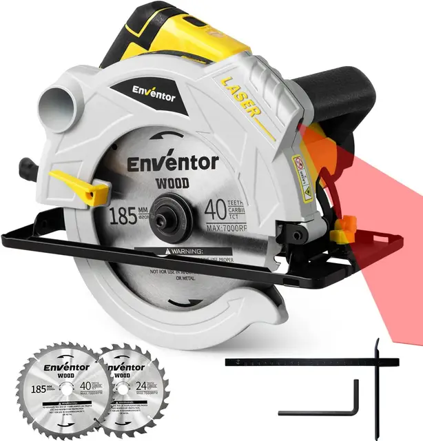 Scie circulaire ENVENTOR 1500 W avec rail de guidage (diamètre de la lame : 185 mm, avec 2 lames de scie circulaire (24T + 40T), profondeur de coupe maximale 65 mm, 5500 tr/min, avec guide laser, pour