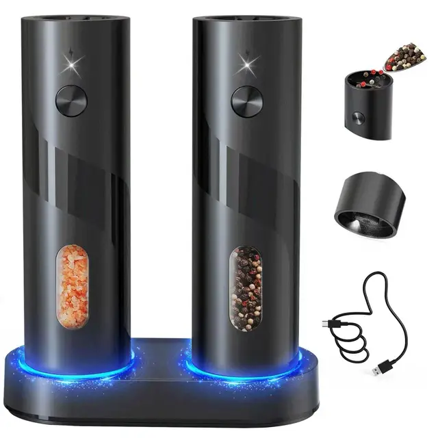CIRCLE JOY Ensemble de Moulins à Sel et Poivre Électriques Rechargeables avec Socle de Recharge, Grossièreté Réglable, Capacité de 110ml et Lumière LED Blanche, Noir