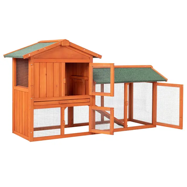 Poulailler Double Clapier à Lapin, Poulailler en Bois avec Pondoir et Perchoir Accueillant 2 Poules, L156 x W52 x H68 cm, avec Un Toit Imperméable et Porte verrouillable