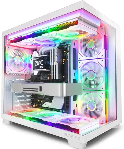 MUSETEX Y6 Boîtier PC, 7 Ventilateurs ARGB PWM Infinity Mirror préinstallés, Vue 270° en Verre Trempé, Connectique Type-C, Boîtier PC Gamer Mid-Tower ATX, Blanc