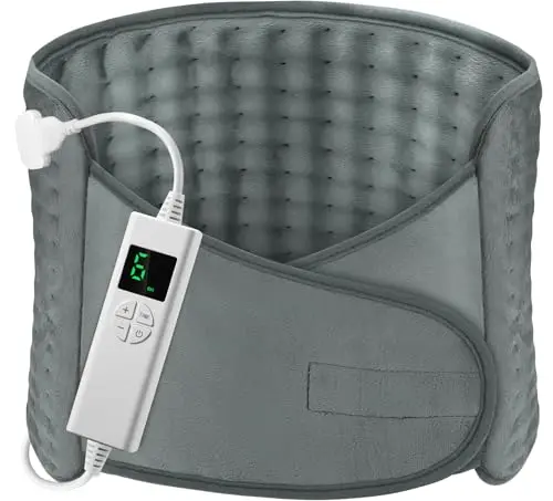 Coussin Chauffant Electrique OneAmg 126x30cm Ceinture Chauffante Lombaire 6 Niveaux de Température et Arrêt Automatique Lavable Ceinture Chauffante avec Velcro Pour Dos Cervicales Abdomen Gris