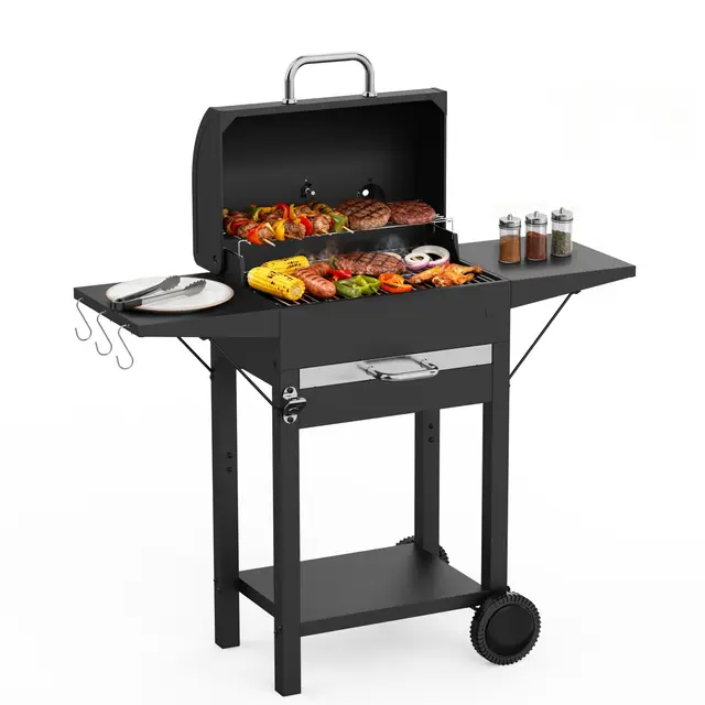 Barbecue Charbon de Bois XXL avec Couvercle - Grand Barbecue Charbon à Chariot, 2 Tables Latérales et Thermomètre - BBQ Fumoir Portable avec Roues pour Jardin, Camping et Fêtes en Extérieur