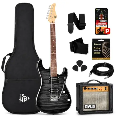 Pyle Kit Guitare Électrique Noir avec Amplificateur pour Débutants, Instrument Standard 39 Pouces avec Micros Humbucker, Set de Démarrage pour Enfants, Jeunes et Adultes