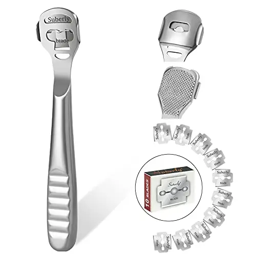 URAQT Râpe à Pied Pédicure, Rapeuse Pieds Anti-Callosités, Coupe Cors, Rasoir pour Talons, Professionnel Pédicure kit Outils avec 10 Lames Outil, Outil de Soin des Pieds