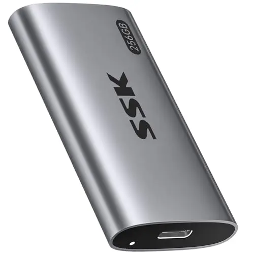 SSK 256Go Disque Dur Externe SSD, jusqu'à 550 Mo/s Disque SSD Externe, USB3.2 Gen2 SSD Portable pour iPhone-15,16,17/Téléphone Android/Tablette/Windows/Mac/Xbox, avec lumière LED, Trim/Smart