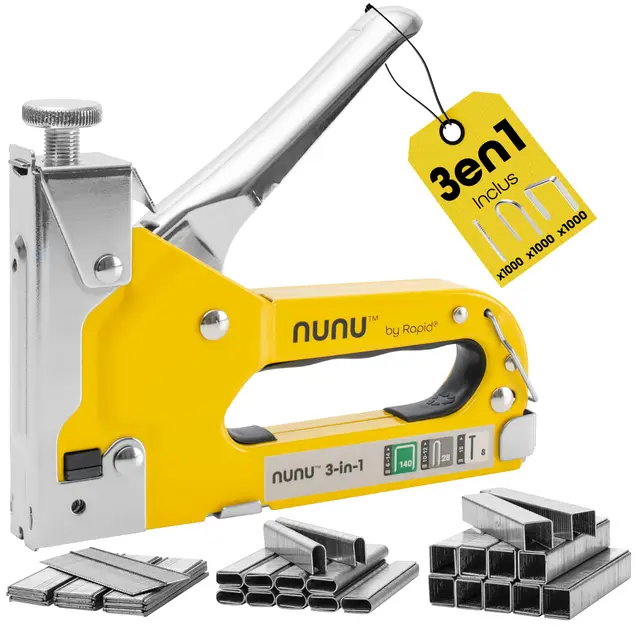 Agrafeuse manuelle 3-en-1 - Rapid NUNU, Murale pour Bois, Bricolage, pour Tapisserie et Tissus, agrafeuse Câbles, Puissance Réglable et Ergonomique, Avec 3 000 Agrafes et Clous - (5001728)