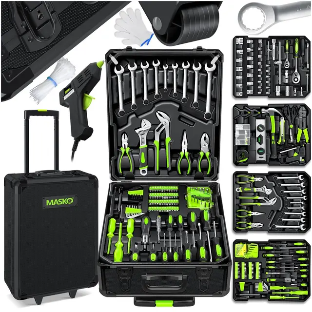 MASKO Mallette à outils remplie de 1400 pièces | Kit d'outils dans une mallette en aluminium | Boîte à outils avec roulettes | Boîte à outils pour la maison, les loisirs, la voiture | Fonction trolley
