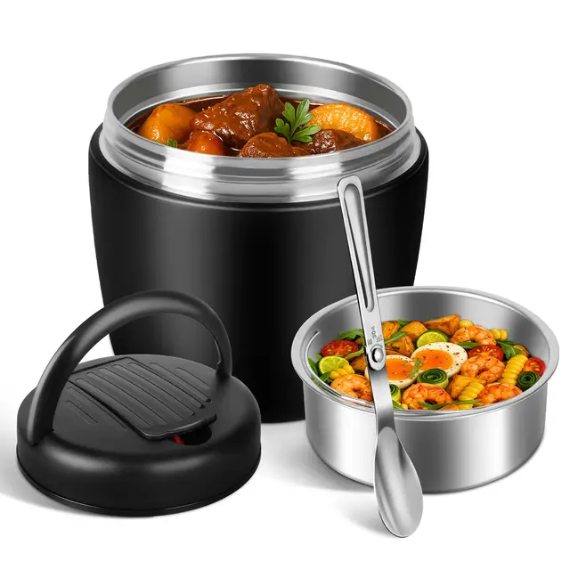 Boîte Isotherme Repas Chaud 1200ml,Thermos Alimentaire Chaud avec Cuillère, Lunch Box Isotherme inox, Boite Repas Isotherme pot nomade pour enfant, adulte (Noir)