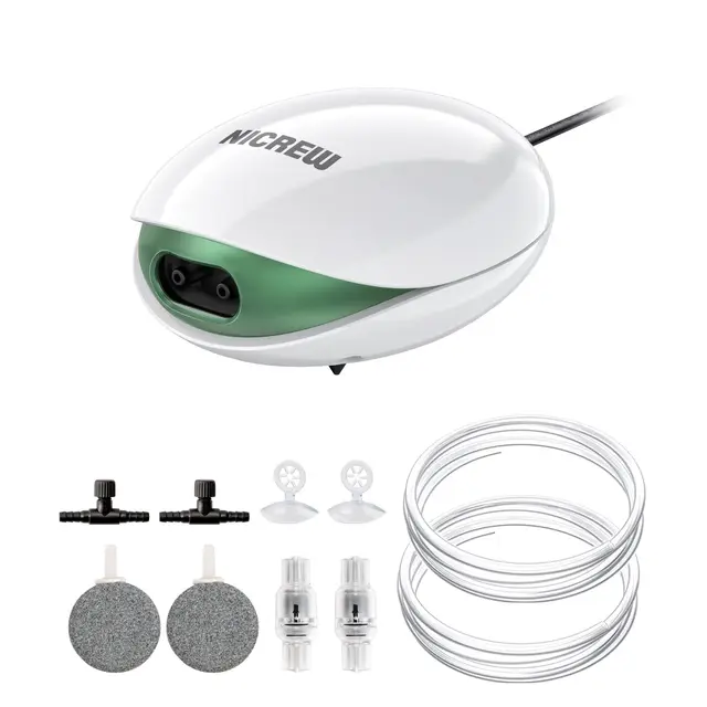 NICREW Bulleur Aquarium Ultra-Silencieux et Réglable Jusqu'à 400L, Pompe à Air Aquarium <37 DB Équipée de Tuyau d'air, Pierre et Clapet Anti-Retour, 2,5W