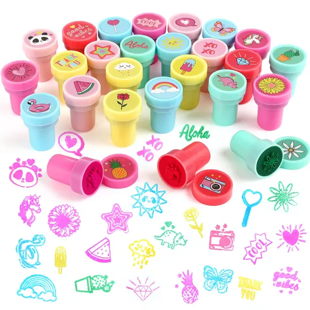 Kesote 26 Pcs Tampon Enfant, Tampons Encreurs Enfants pour Cadeau Anniversaire Enfants Invites, Activité Manuelle Enfant Tampon Noel, Mini Tampon Encreur à Motifs Florals Animaux Cadeau Fille