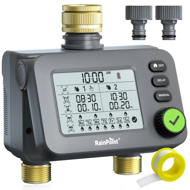 RAINPOINT Programmateur Arrosage 2 Sorties, Minuteur Arrosage Automatique avec Entrée et Sortie en Laiton, Retard de Pluie/Mode Automatique et Manuel, étanche IP54/Grand écran LCD, pour Jardin