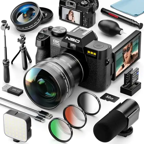 NBD Appareil Photo Numérique 8K 64MP: *Kit 16-en-1* avec Autofocus, Écran Orientable 180°, Zoom 16X, WiFi, Carte 64GB + 2 Batteries (Noir)