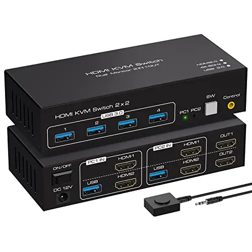 VPFET HDMI KVM Switch 2 PC 2 Monitore 4K60Hz KVM Switches Dual Monitore mit 4 USB Ports Unterstützung Kopieren und Erweiterte Anzeige und Desktop Steuerung Inklusive 2 USB3.0 Kabel