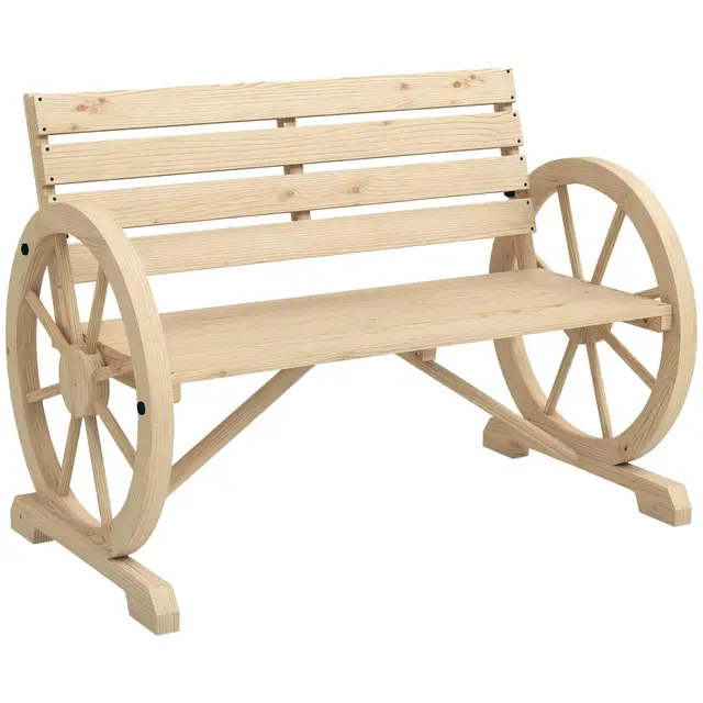 Outsunny Banc de Jardin Banc 3 Places Banc en Bois Style Rustique Chic accoudoirs Roues Charette Bois Sapin Effet Bois Naturel