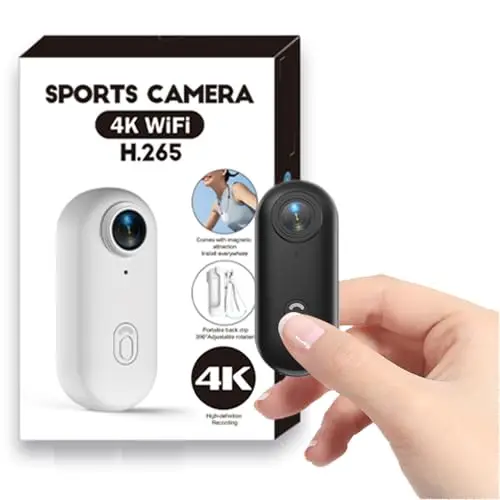 Caméra Sport 4K WiFi Étanche Aimanté Mains Libres - Mini Action Cam Portable avec Clip 360° Angle 120°,Enregistrement en Boucle, Caméra Vlog POV pour Moto Casque,Velo, Équitation, Ski et Animaux Noir